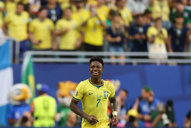 Brazil's forward #07 Vinicius Junior celebrates after scoring his team's second goal during the 2026 World Cup Group C football match between Scotland and Brazil at the Miami Stadium in Miami Gardens on June 24, 2026.  (Photo by PATRICIA DE MELO MOREIRA / AFP)