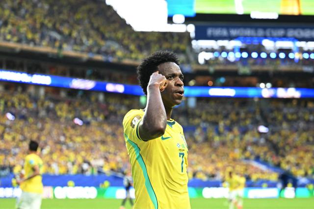 Brazil's forward #07 Vinicius Junior celebrates after scoring his team's second goal during the 2026 World Cup Group C football match between Scotland and Brazil at the Miami Stadium in Miami Gardens on June 24, 2026.  (Photo by CHANDAN KHANNA / AFP)