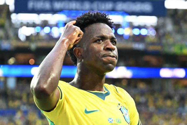 Brazil's forward #07 Vinicius Junior celebrates after scoring his team's second goal during the 2026 World Cup Group C football match between Scotland and Brazil at the Miami Stadium in Miami Gardens on June 24, 2026.  (Photo by CHANDAN KHANNA / AFP)