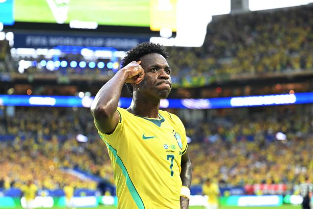 Brazil's forward #07 Vinicius Junior celebrates after scoring his team's second goal during the 2026 World Cup Group C football match between Scotland and Brazil at the Miami Stadium in Miami Gardens on June 24, 2026.  (Photo by CHANDAN KHANNA / AFP)