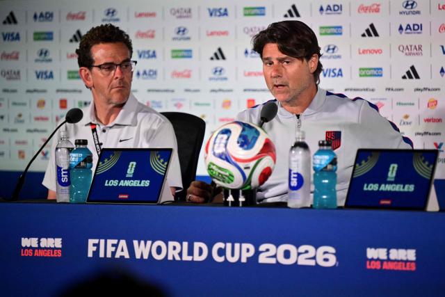 US Argentine head coach Mauricio Pochettino (R) gives an MD-1 press conference at Los Angeles Stadium on June 24, 2026, on the eve of the 2026 World Cup football tournament Group D football match between Turkey and USA. (Photo by Frederic J. Brown / AFP)