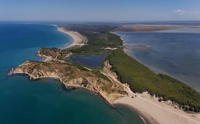 This general view shows the beach of a natural protected area in Zvernec, near Vlora on June 18, 2026. (Photo by Adnan Beci / AFP)