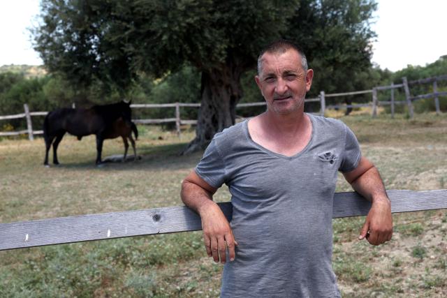 Gentian Mocka, 56, a resident of Novosele and one of the claimed landowners in Zvernec, poses at his horse farm, in Vlora on June 18, 2026. (Photo by Adnan Beci / AFP)