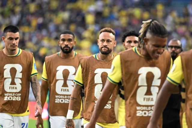 Brazil's forward #10 Neymar (C) gestures before the 2026 World Cup Group C football match between Scotland and Brazil at the Miami Stadium in Miami Gardens on June 24, 2026.  (Photo by CHANDAN KHANNA / AFP)