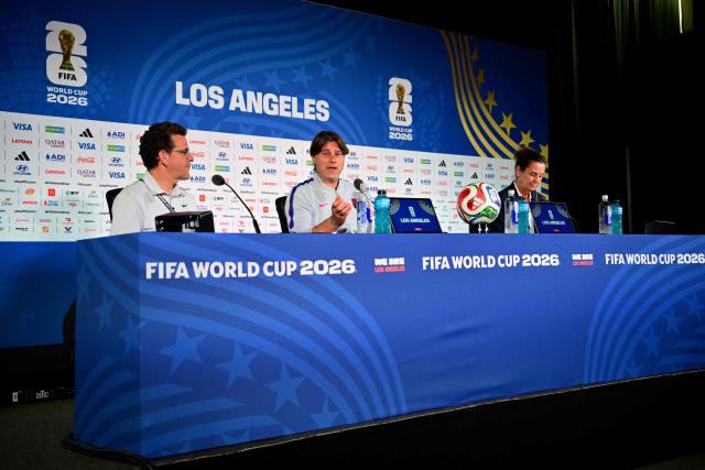 US Argentine head coach Mauricio Pochettino (C) gives an MD-1 press conference at Los Angeles Stadium on June 24, 2026, on the eve of the 2026 World Cup football tournament Group D football match between Turkey and USA. (Photo by Frederic J. Brown / AFP)