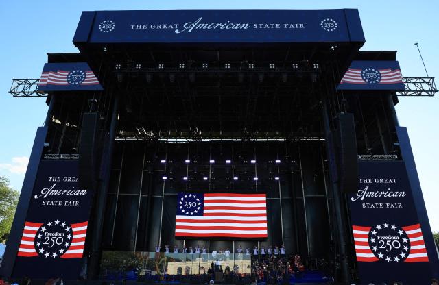 The stage is seen at the start of a kick-off celebration for the "Great American State Fair" on the National Mall in Washington, DC, June 24, 2026. The "Great American State Fair" will be held from June 25 to July 10, 2026, to celebrate the 250th anniversary of US independence. (Photo by Jemal COUNTESS / AFP)