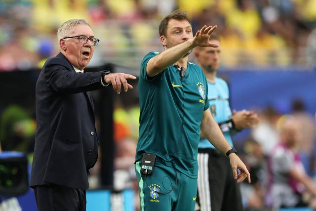 Brazil's Italian head coach Carlo Ancelotti reacts during the 2026 World Cup Group C football match between Scotland and Brazil at the Miami Stadium in Miami Gardens on June 24, 2026.  (Photo by PATRICIA DE MELO MOREIRA / AFP)