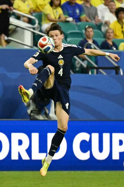 Scotland's midfielder #04 Scott McTominay controls the ball during the 2026 World Cup Group C football match between Scotland and Brazil at the Miami Stadium in Miami Gardens on June 24, 2026.  (Photo by CHANDAN KHANNA / AFP)