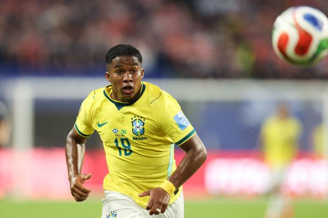 Brazil's forward #19 Endrick eyes the ball during the 2026 World Cup Group C football match between Scotland and Brazil at the Miami Stadium in Miami Gardens on June 24, 2026.  (Photo by PATRICIA DE MELO MOREIRA / AFP)