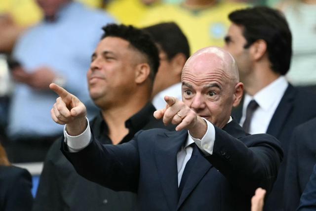FIFA President Gianni Infantino attends the 2026 World Cup Group C football match between Scotland and Brazil at the Miami Stadium in Miami Gardens on June 24, 2026.  (Photo by CHANDAN KHANNA / AFP)