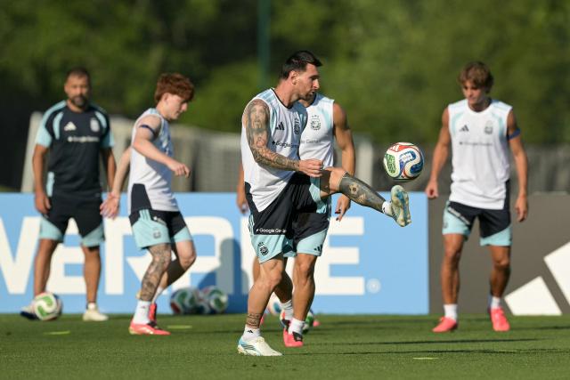 Argentina's forward #10 Lionel Messi controls the ball in a training session during the 2026 World Cup football tournament at Sporting KC Training Centre in Kansas City on June 24, 2026. (Photo by JUAN MABROMATA / AFP)