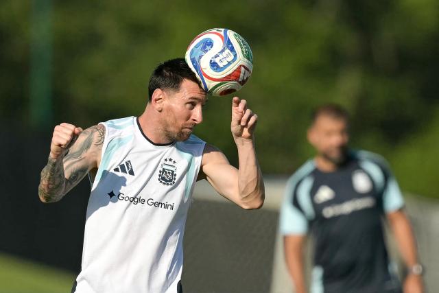 Argentina's forward #10 Lionel Messi heads the ball in a training session during the 2026 World Cup football tournament at Sporting KC Training Centre in Kansas City on June 24, 2026. (Photo by JUAN MABROMATA / AFP)