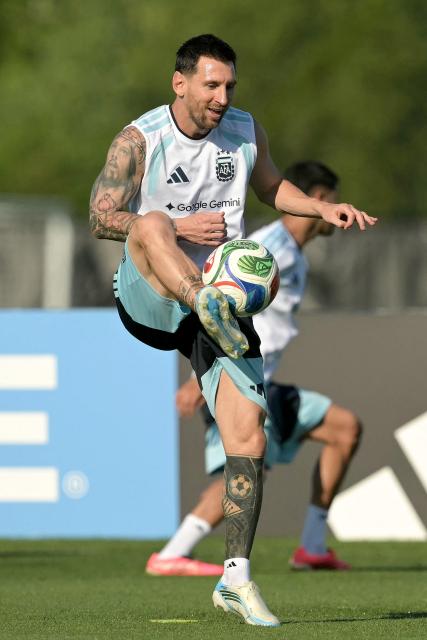 Argentina's forward #10 Lionel Messi kicks the ball in a training session during the 2026 World Cup football tournament at Sporting KC Training Centre in Kansas City on June 24, 2026. (Photo by JUAN MABROMATA / AFP)