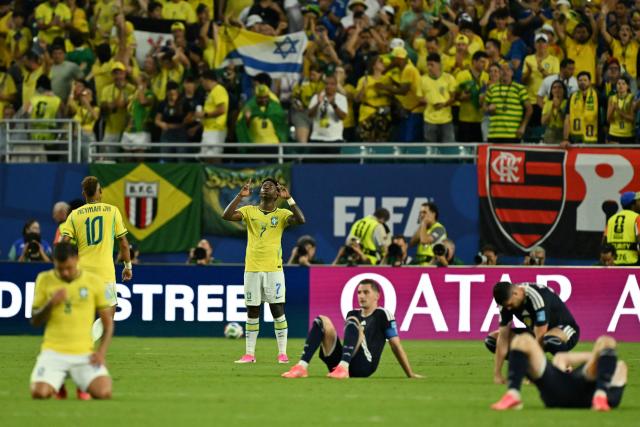 Brazil's forward #07 Vinicius Junior reacts after winning the 2026 World Cup Group C football match between Scotland and Brazil at the Miami Stadium in Miami Gardens on June 24, 2026.  (Photo by CHANDAN KHANNA / AFP)