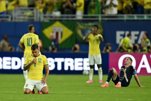 Brazil's midfielder #08 Bruno Guimaraes reacts after winning the 2026 World Cup Group C football match between Scotland and Brazil at the Miami Stadium in Miami Gardens on June 24, 2026.  (Photo by CHANDAN KHANNA / AFP)