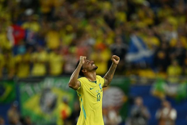 Brazil's defender #13 Danilo reacts after winning the 2026 World Cup Group C football match between Scotland and Brazil at the Miami Stadium in Miami Gardens on June 24, 2026.  (Photo by CHANDAN KHANNA / AFP)