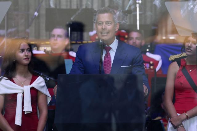 US Secretary of Transportation Sean Duffy speaks during a kick-off celebration for the "Great American State Fair" on the National Mall in Washington, DC, June 24, 2026. The "Great American State Fair" will be held from June 25 to July 10, 2026, to celebrate the 250th anniversary of US independence. (Photo by Jemal COUNTESS / AFP)