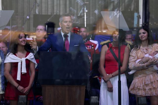US Secretary of Transportation Sean Duffy speaks during a kick-off celebration for the "Great American State Fair" on the National Mall in Washington, DC, June 24, 2026. The "Great American State Fair" will be held from June 25 to July 10, 2026, to celebrate the 250th anniversary of US independence. (Photo by Jemal COUNTESS / AFP)