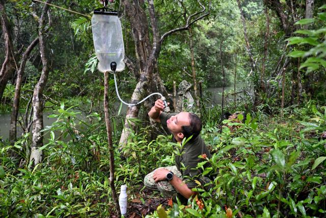 This photo taken on June 10, 2026 shows ranger Nam Seanglay drinking water from a filter in the Cardamom National Park in Koh Kong province. Above the patter of rain cascading through the jungle canopy comes the haunting call of a pileated gibbon singing to fend off intruders in Cambodia's Cardamom Mountains. (Photo by TANG CHHIN Sothy / AFP) / To go with 'CAMBODIA-CONSERVATION-ENVIRONMENT-ANIMAL-SCIENCE-FORESTS,FOCUS' by Sara HUSSEIN and Suy SE