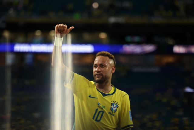 Brazil's forward #10 Neymar celebrates after winning the 2026 World Cup Group C football match between Scotland and Brazil at the Miami Stadium in Miami Gardens on June 24, 2026.  (Photo by PATRICIA DE MELO MOREIRA / AFP)