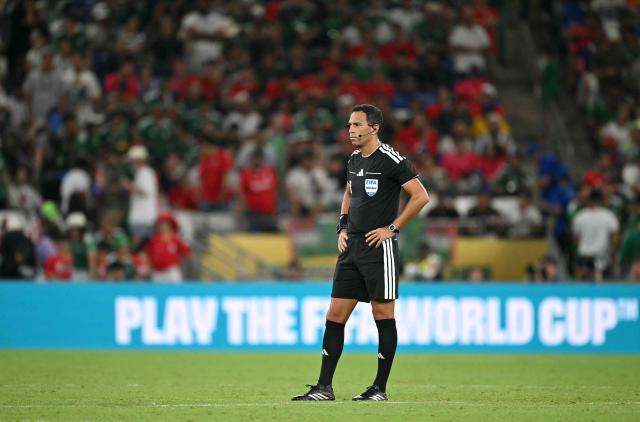 Argentine referee Facundo Tello officiates during the 2026 World Cup Group A football match between South Africa and South Korea at the Monterrey Stadium in Guadalupe, Mexico, on June 24, 2026.  (Photo by Yuri CORTEZ / AFP)