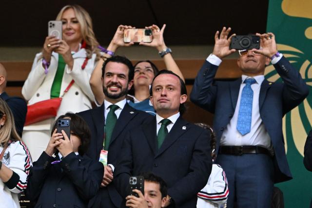 Mexican Football Federation president Mikel Arriola (C-R) attends the 2026 World Cup Group A football match between the Czech Republic and Mexico at the Mexico City Stadium in Mexico City on June 24, 2026.  (Photo by Carl DE SOUZA / AFP)