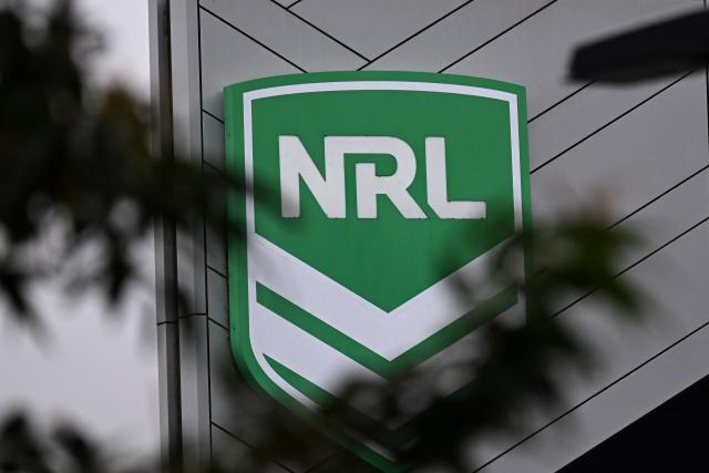 A National Rugby League (NRL) logo is seen at the organisation’s headquarters in Sydney on June 25, 2026. Newcastle Knights forward Asu Kepaoa has been slapped with a six-match ban after using a homophobic slur against an opponent, his Australian National Rugby League (NRL) club said on June 25. (Photo by Saeed Khan / AFP)