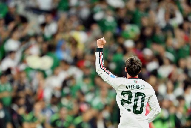 Mexico's defender #20 Mateo Chavez celebrates scoring his team's first goal during the 2026 World Cup Group A football match between the Czech Republic and Mexico at the Mexico City Stadium in Mexico City on June 24, 2026.  (Photo by CARL DE SOUZA / AFP)