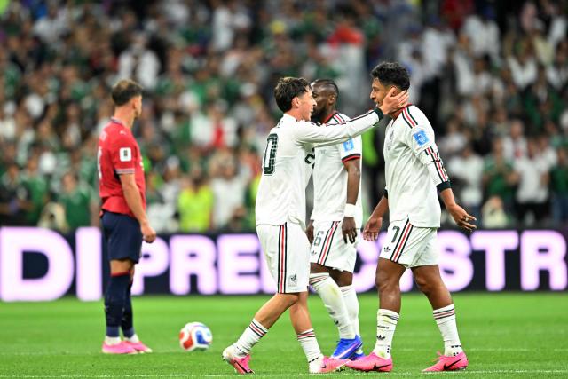 Mexico's defender #20 Mateo Chavez celebrates scoring his team's first goal with teammate midfielder #07 Luis Romo during the 2026 World Cup Group A football match between the Czech Republic and Mexico at the Mexico City Stadium in Mexico City on June 24, 2026.  (Photo by CARL DE SOUZA / AFP)