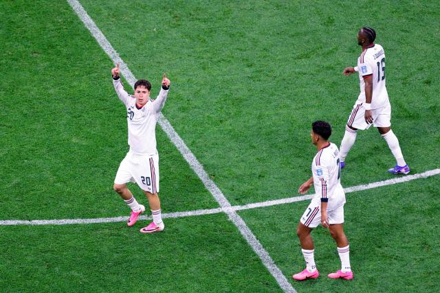 Mexico's defender #20 Mateo Chavez celebrates scoring his team's first goal during the 2026 World Cup Group A football match between the Czech Republic and Mexico at the Mexico City Stadium in Mexico City on June 24, 2026.  (Photo by Rodrigo Oropeza / AFP)