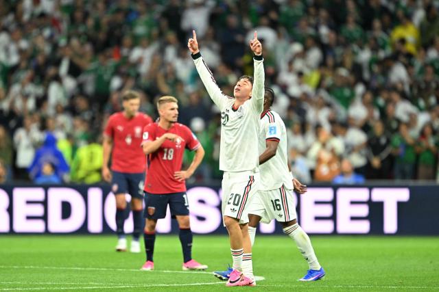 Mexico's defender #20 Mateo Chavez celebrates scoring his team's first goal during the 2026 World Cup Group A football match between the Czech Republic and Mexico at the Mexico City Stadium in Mexico City on June 24, 2026.  (Photo by CARL DE SOUZA / AFP)