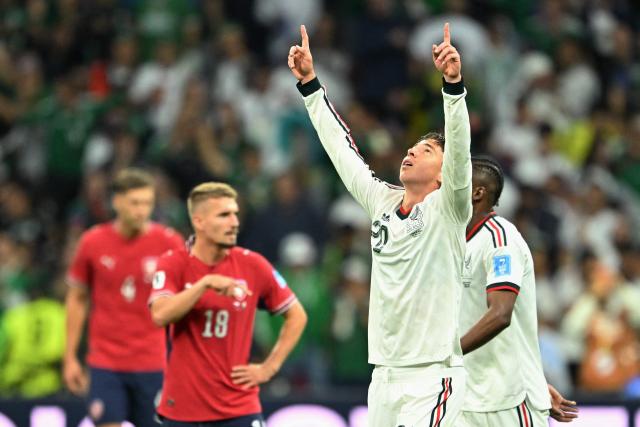 Mexico's defender #20 Mateo Chavez celebrates scoring his team's first goal during the 2026 World Cup Group A football match between the Czech Republic and Mexico at the Mexico City Stadium in Mexico City on June 24, 2026.  (Photo by CARL DE SOUZA / AFP)