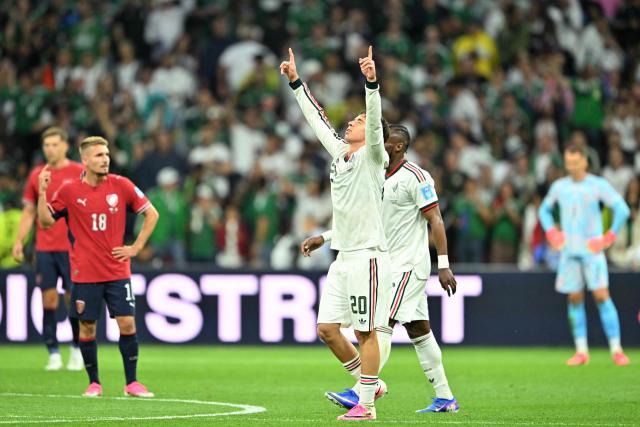 Mexico's defender #20 Mateo Chavez celebrates scoring his team's first goal during the 2026 World Cup Group A football match between the Czech Republic and Mexico at the Mexico City Stadium in Mexico City on June 24, 2026.  (Photo by CARL DE SOUZA / AFP)