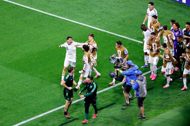 Mexico's defender #20 Mateo Chavez celebrates scoring his team's first goal with teammates during the 2026 World Cup Group A football match between the Czech Republic and Mexico at the Mexico City Stadium in Mexico City on June 24, 2026.  (Photo by Rodrigo Oropeza / AFP)