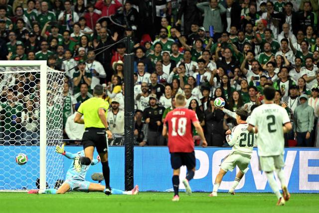 Mexico's defender #20 Mateo Chavez scores his team's first goal during the 2026 World Cup Group A football match between the Czech Republic and Mexico at the Mexico City Stadium in Mexico City on June 24, 2026.  (Photo by CARL DE SOUZA / AFP)