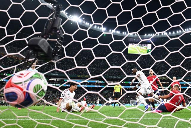 Mexico's forward #16 Julian Quinones scores his team's second goal during the 2026 World Cup Group A football match between the Czech Republic and Mexico at the Mexico City Stadium in Mexico City on June 24, 2026.  (Photo by Alfredo ESTRELLA / AFP)
