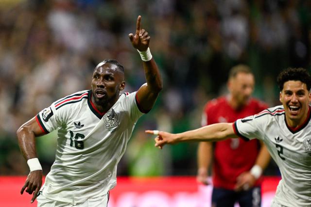 Mexico's forward #16 Julian Quinones celebrates scoring his team's second goal during the 2026 World Cup Group A football match between the Czech Republic and Mexico at the Mexico City Stadium in Mexico City on June 24, 2026.  (Photo by Alfredo ESTRELLA / AFP)