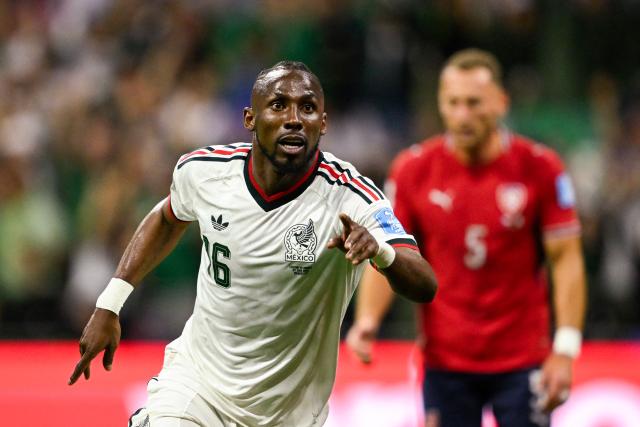 Mexico's forward #16 Julian Quinones celebrates scoring his team's second goal during the 2026 World Cup Group A football match between the Czech Republic and Mexico at the Mexico City Stadium in Mexico City on June 24, 2026.  (Photo by Alfredo ESTRELLA / AFP)