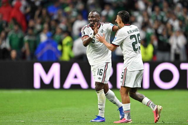 Mexico's forward #16 Julian Quinones celebrates scoring his team's second goal with teammate midfielder #25 Roberto Alvarado during the 2026 World Cup Group A football match between the Czech Republic and Mexico at the Mexico City Stadium in Mexico City on June 24, 2026.  (Photo by CARL DE SOUZA / AFP)