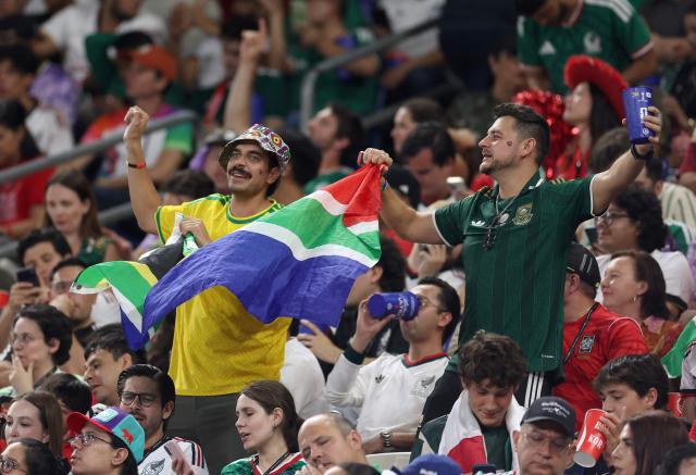 South African fans cheer for their team during the 2026 World Cup Group A football match between South Africa and South Korea at the Monterrey Stadium in Guadalupe, Mexico, on June 24, 2026.  (Photo by Julio Cesar AGUILAR / AFP)