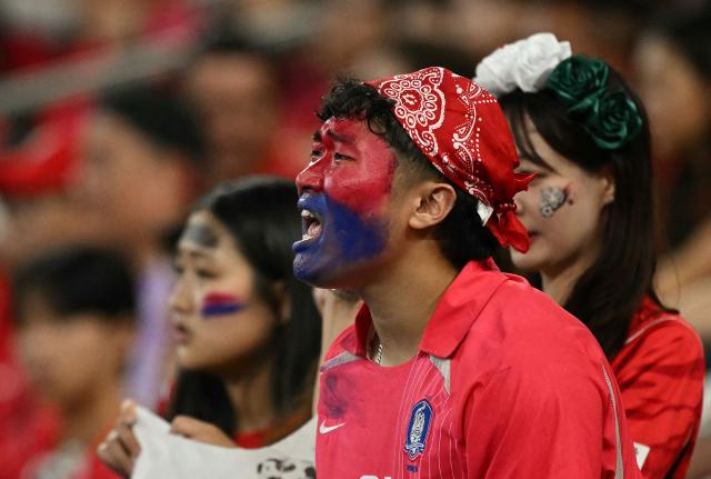 South Korean fans watch from the stands the 2026 World Cup Group A football match between South Africa and South Korea at the Monterrey Stadium in Guadalupe, Mexico, on June 24, 2026.  (Photo by Yuri CORTEZ / AFP)