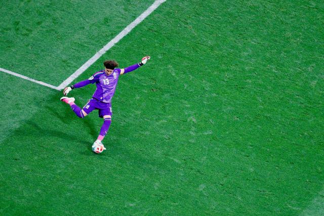 Mexico's goalkeeper #13 Guillermo Ochoa kicks the ball during the 2026 World Cup Group A football match between the Czech Republic and Mexico at the Mexico City Stadium in Mexico City on June 24, 2026.  (Photo by Rodrigo Oropeza / AFP)