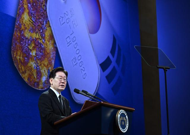 South Korean President Lee Jae Myung delivers a speech during a ceremony marking the 76th anniversary of the outbreak of the Korean War in Suwon on June 25, 2026. (Photo by Jung Yeon-je / AFP)