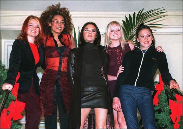 (FILES) Members of the British pop group the Spice Girls - Posh Spice, Victoria, Scary Spice, Mel B., Ginger Spice, Geri, Baby Spice, Emma and Sporty Spice, Mel C. - pose before presenting their first film "Spice World the Movie" in Madrid on December 18, 1997. First released on June 26, 1996, and celebrating it's 30th anniversary of it's release in June 2026, The Spice Girls' song "Wannabe" became a worldwide hit for the all-women British group known for its message of "girl power". (Photo by Dominique FAGET / AFP)