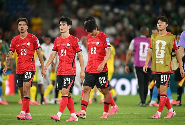 (L-R) South Korea's defender #23 Jens Castrop, midfielder #24 Kim Jin-gyu, defender #22 Seol Young-woo and midfielder #20 Yang Hyun-jun during the 2026 World Cup Group A football match between South Africa and South Korea at the Monterrey Stadium in Guadalupe, Mexico, on June 24, 2026.  (Photo by Yuri CORTEZ / AFP)