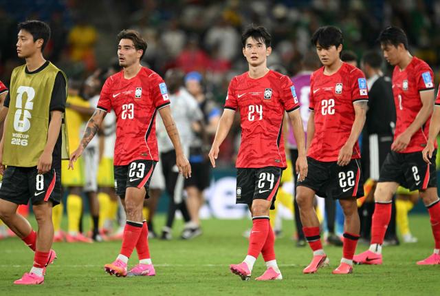 (L-R) South Korea's defender #23 Jens Castrop, midfielder #24 Kim Jin-gyu, defender #22 Seol Young-woo and defender #02 Lee Han-beom walk off the pitch after losing the 2026 World Cup Group A football match between South Africa and South Korea at the Monterrey Stadium in Guadalupe, Mexico, on June 24, 2026.  (Photo by Yuri CORTEZ / AFP)