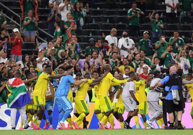South African players celebrate the 1-0 victory in the 2026 World Cup Group A football match between South Africa and South Korea at the Monterrey Stadium in Guadalupe, Mexico, on June 24, 2026.  (Photo by Julio Cesar AGUILAR / AFP)