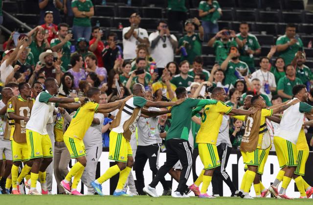 South African players celebrate the 1-0 victory in the 2026 World Cup Group A football match between South Africa and South Korea at the Monterrey Stadium in Guadalupe, Mexico, on June 24, 2026.  (Photo by Julio Cesar AGUILAR / AFP)