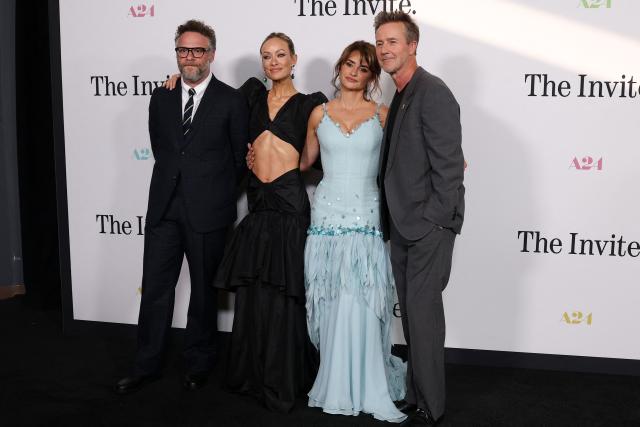 (L/R) Canadian actor Seth Rogen, US director and actress Olivia Wilde, Spanish actress Penelope Cruz and US actor Edward Norton attend the Los Angeles premiere of "The Invite" at the Directors Guild of America Theater in Los Angeles on June 23, 2026. (Photo by VALERIE MACON / AFP)
