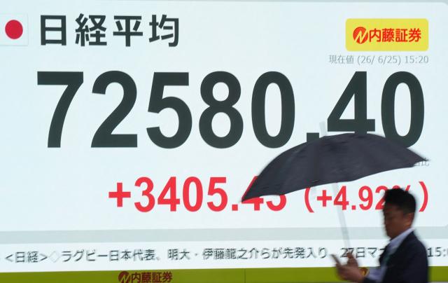 A man walks past an electronic quotation board displaying the Nikkei Stock Average on the Tokyo Stock Exchange along a street in Tokyo on June 25, 2026. (Photo by Kazuhiro NOGI / AFP)